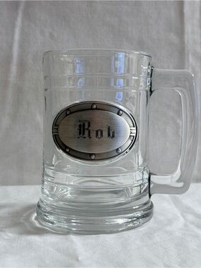 Personalized Clear Glass Beer Stein with Pewter Nameplate - Rob